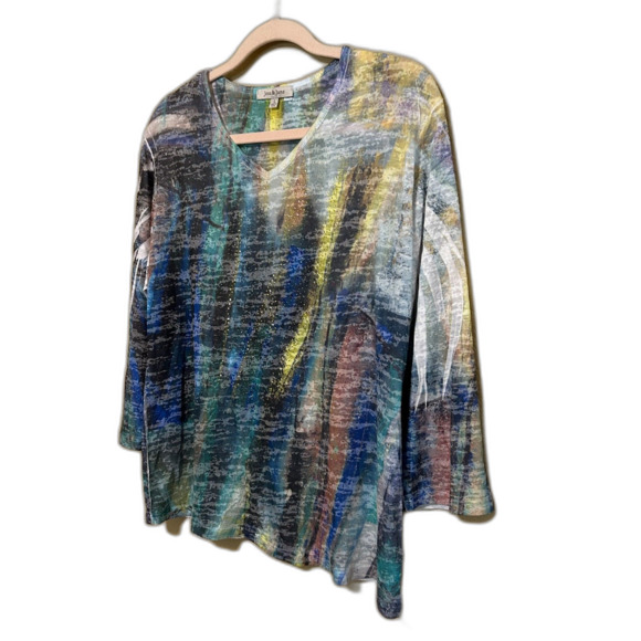 Jess & Jane V Neck Top Womens Large Multicolor Abstract Print Boho Art to Wear - Picture 2 of 6